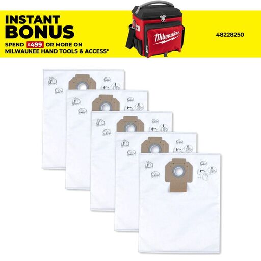 Milwaukee 4932352307 5-Pack Replacement Fleece 30L Vacuum Filter Bags to suit AS300ELCP
