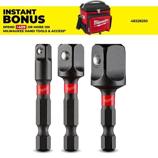 Milwaukee 48325033 3pce Shockwave 1/4'' Hex Shank to 1/4'', 3/8'', 1/2'' Square Socket Adapter Set