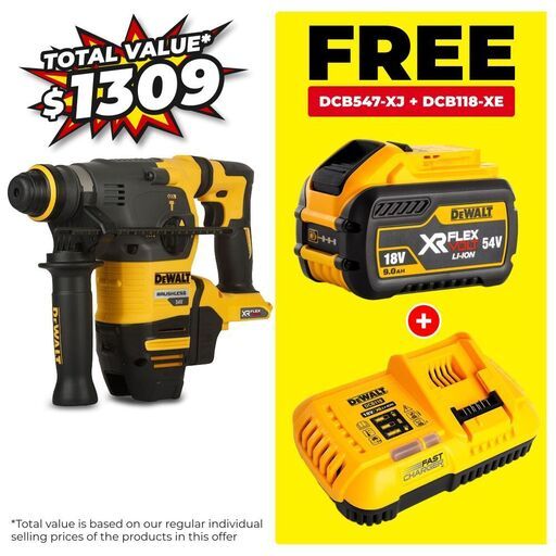 DeWalt DCH333NT-XJ 54V FlexVolt XR Li-Ion Cordless Brushless 3-Mode 3KG SDS Plus Rotary Hammer - Skin Only