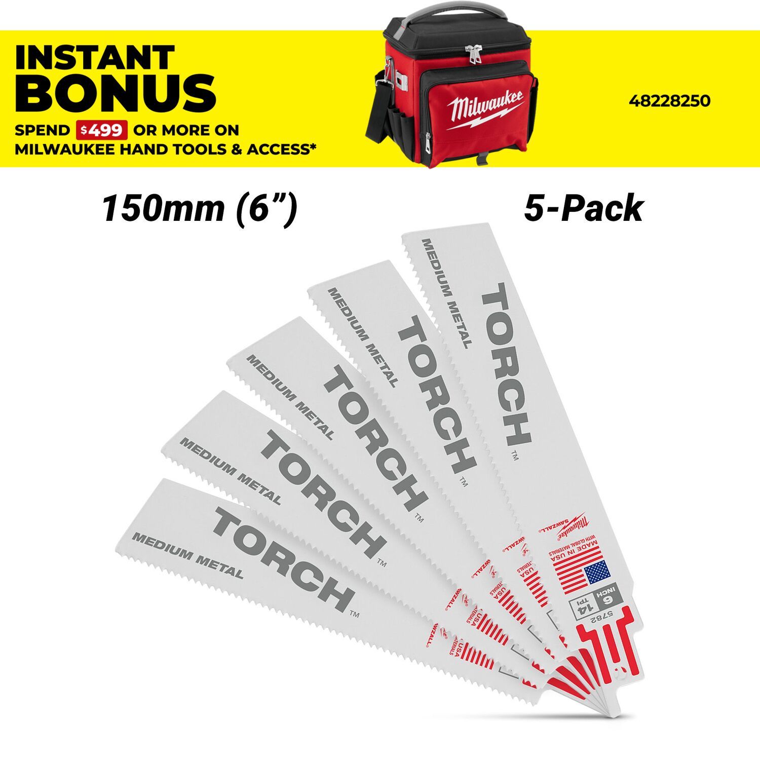 Milwaukee 48475782 (48005782) 5-Pack 150mm (6") SAWZALL 14TPI The TORCH Metal Demolition Blades – image 1