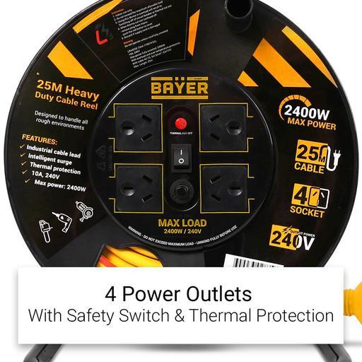 Bayer B25E 25m x 1.0mm² 10A 4 Socket Heavy Duty Cable Reel – image 3