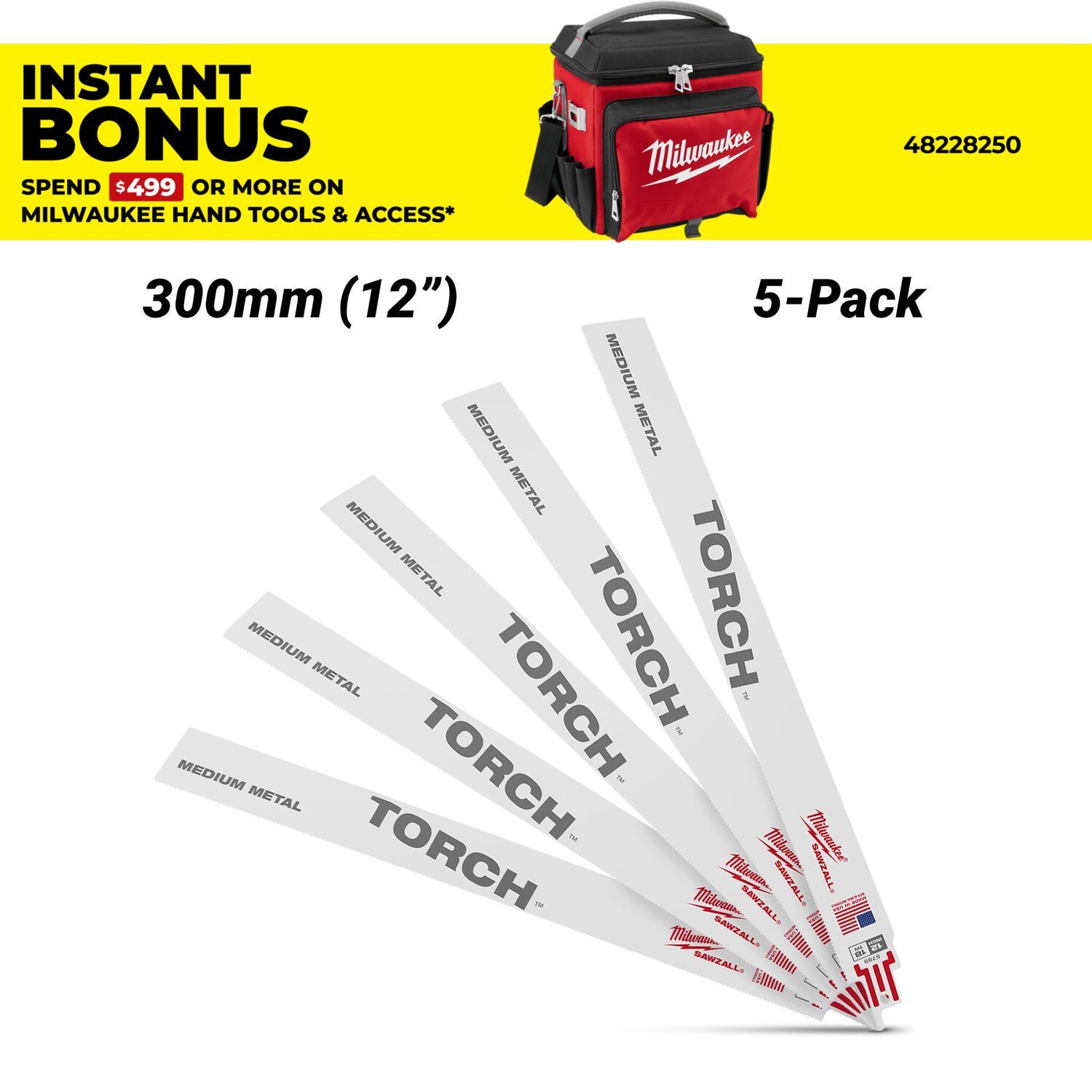 Milwaukee 48475789 (48005789) 5-Pack The Torch™ SAWZALL® 300mm (12") 18TPI Reciprocating Saw Blades – image 1
