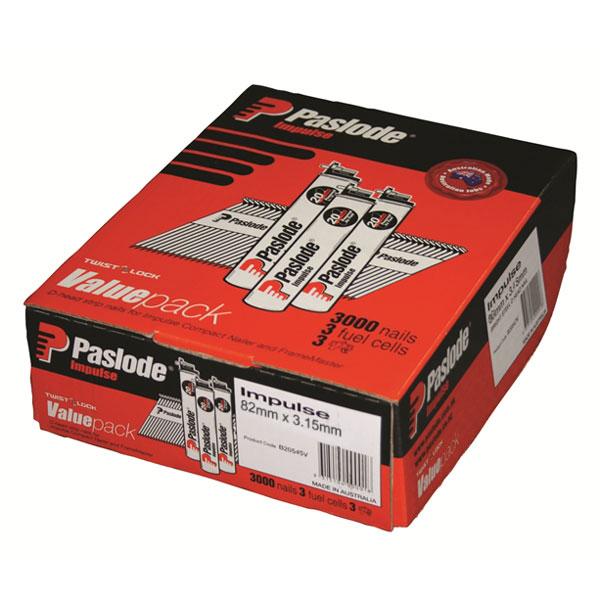 Paslode B20548V 3000-Pack 82mm x 3.15mm Bright Impulse D Head Nails & 3 Fuel Cells – image 1