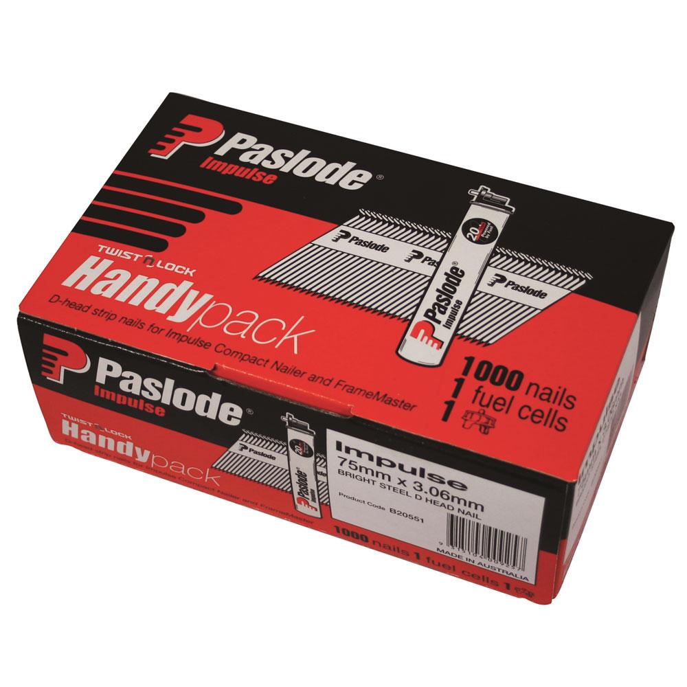 Paslode B20551 Handy Pack 75mm x 3.06mm Bright Impulse D Head Nails with Fuel – image 1