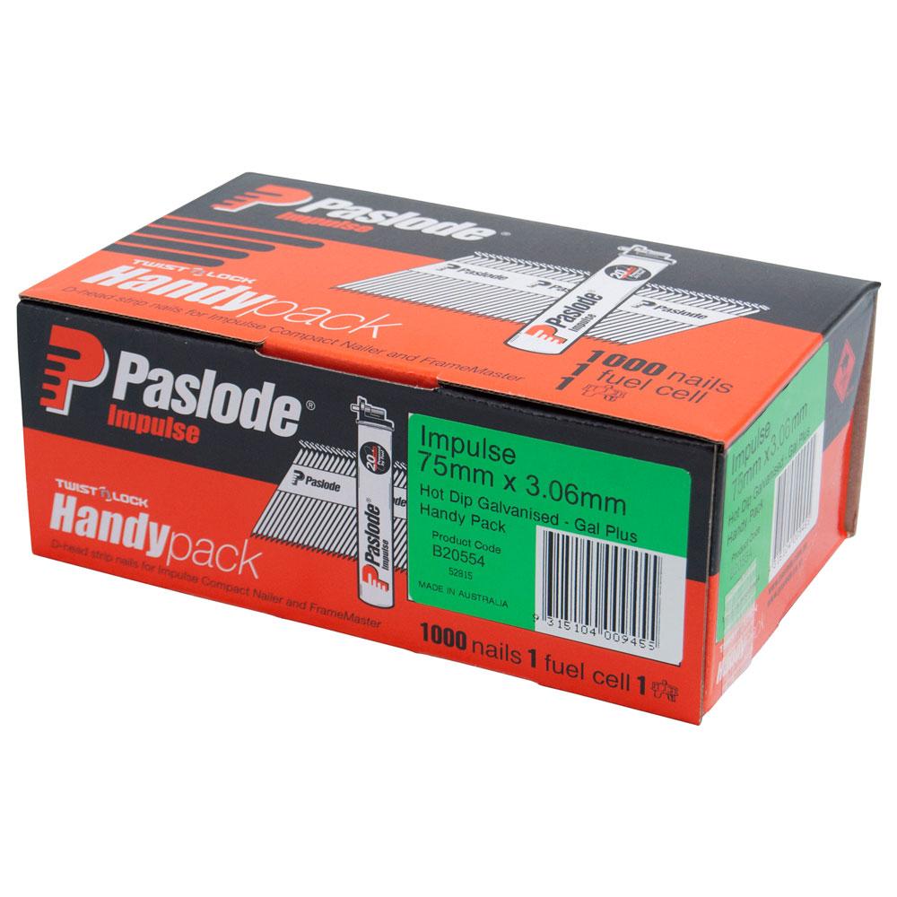 Paslode B20554 1000 Handy Pack 75mm x 3.06mm Hot Dipped Galvanised Impulse D Head Nails with Fuel – image 1