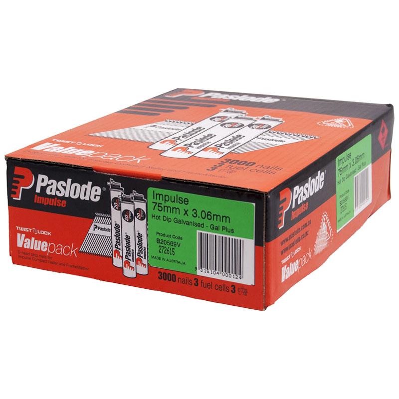Paslode B20569V 3000-PACK 75mm x 3.06mm Hot Dipped Galvanised Impulse D Head Nails & 3 Fuel Cells – image 1