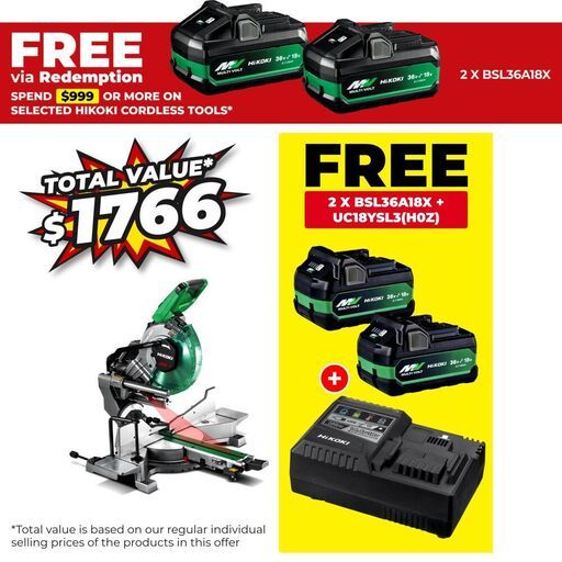 HiKOKI C3610DRA(H4Z) 36V Li-Ion Cordless Brushless MultiVolt 255mm (10") Mitre Saw - Skin Only