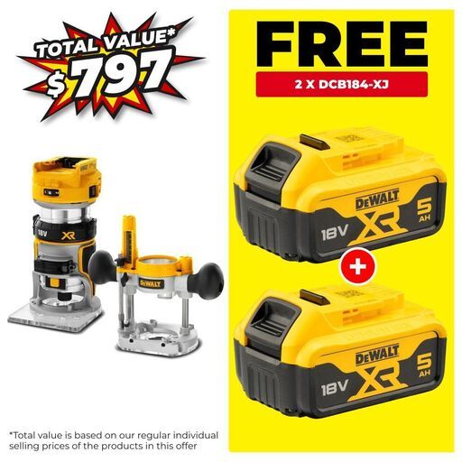 DeWalt DCW604N-XJ 18V XR Li-ion Cordless Brushless 8mm (1/4") Laminate Trimmer Router with Plunge Base - Skin Only