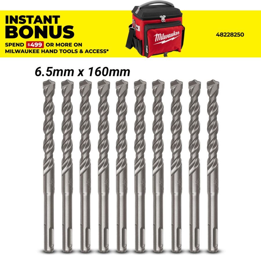 Milwaukee 4932399338 10-Pack 6.5mm x 160mm SDS-Plus TCT M2 2-Cutter Hammer Drill Bit – image 1