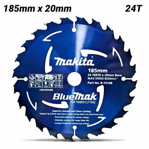 Makita B-15148 185mm x 20mm 24T BlueMak Circular Saw Blade For Wood Cutting