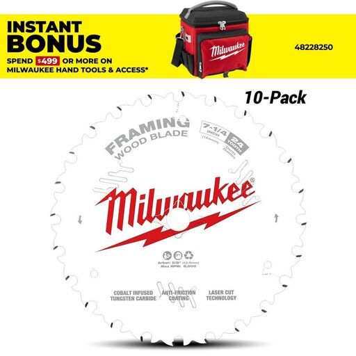 Milwaukee 48418720X10 10-Pack 184mm (7-1/4") 24-Tooth Framing Wood Circular Saw Blade
