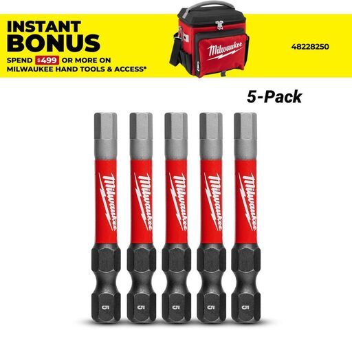 Milwaukee 48324653 5-Pack 50mm (2") SHOCKWAVE Hex 5mm Power Bit