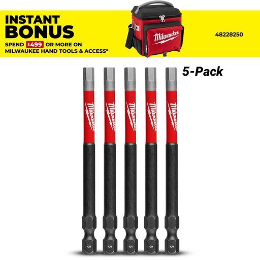 Milwaukee 48324753 5-Pack 89mm (3-1/2") SHOCKWAVE Hex 5mm Power Bit