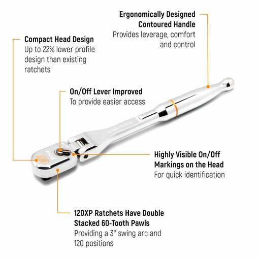 GEARWRENCH 81012XP 1/4" Drive 120XP Full Polish Chrome Flex Head Teardrop Ratchet 7" – image 5