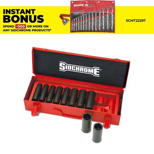 Sidchrome XS410LT 10pce 1/2" Drive Imperial AF Long Impact Socket Set