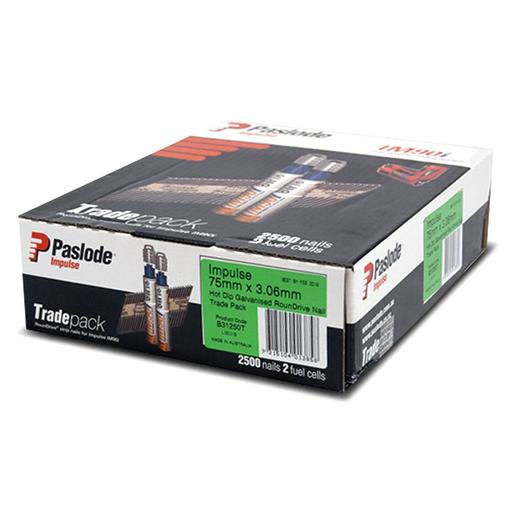 Paslode B31250T 2500-Pack 75mm x 3.06mm Hot Dipped Galvanised RounDrive Strip Nails with 2 Fuel Cells Set