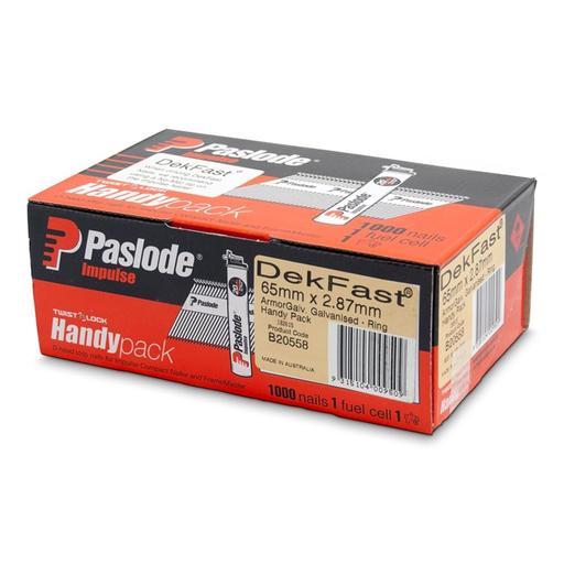 Paslode B20558 Handy Pack 65mm x 2.87mm Armor Galvanised Dekfast Impulse D Head Nails with Fuel