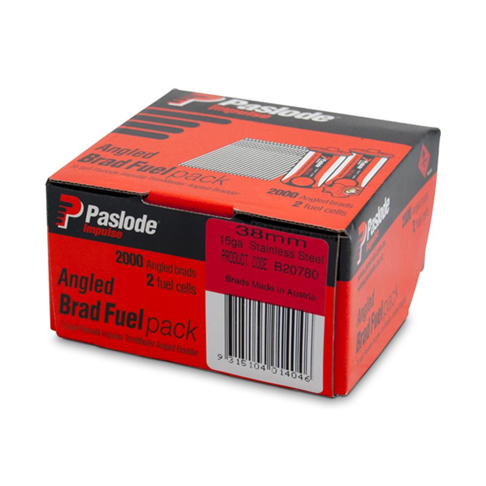Paslode B20780 2000 Pack 38mm 16 Gauge Stainless Steel Angled Brad TrimMaster Impulse Nails with Fuel – image 1