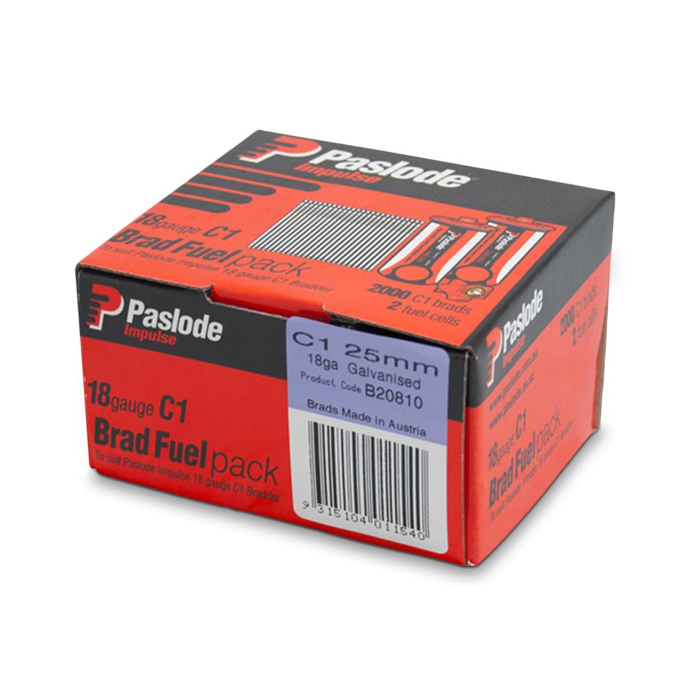 Paslode B20810 2000-Pack C1 25mm 18 Gauge Galvanised Brad Nails With Fuel – image 1