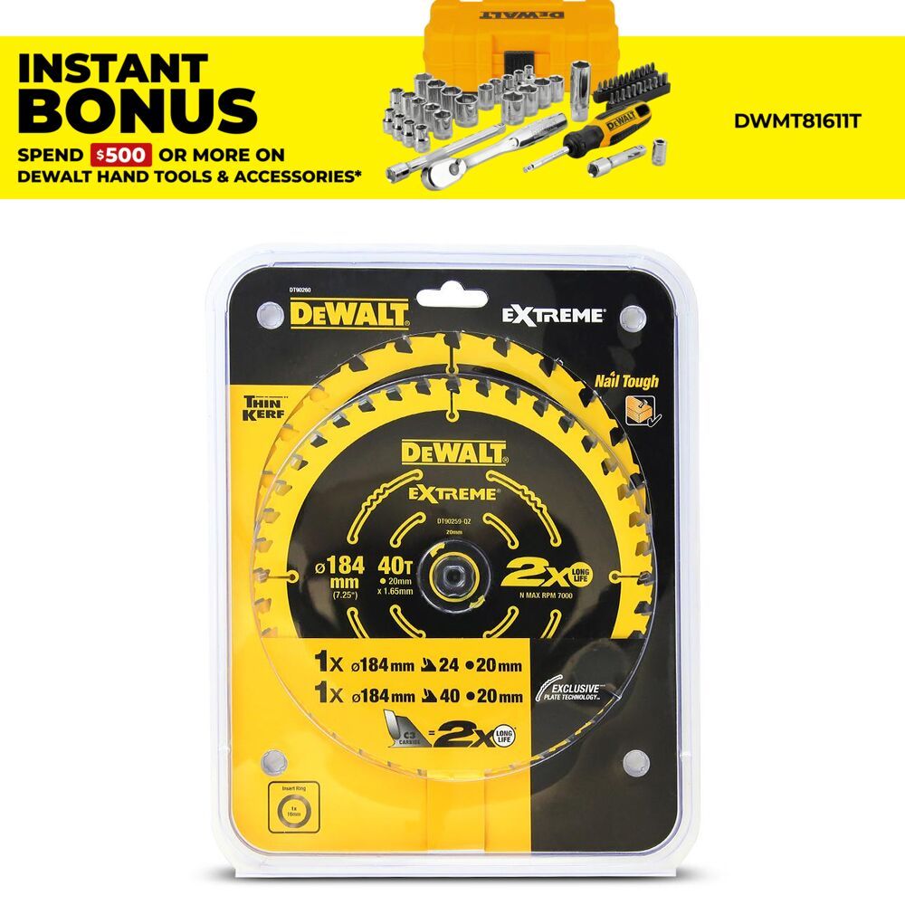 DeWalt DT90260-QZ 2-Pack 184mm x 24/40T (16mm/20mm) Extreme Life Circular Saw Blades – image 1