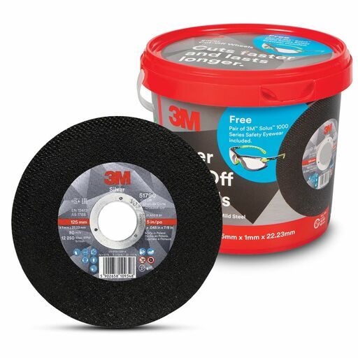3M 7012879557 (AC019441313) 100-Pack 125mm x 1mm x 22.23mm Silver Cut-Off Wheel with Solus 1000 Series Safety Eyewear – image 2