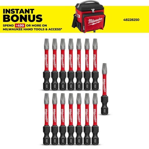 Milwaukee 48325010 15-Pack 50mm (2") SHOCKWAVE Square #2 Power Bit