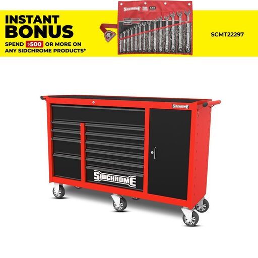 Sidchrome SCMT50276RB 11 Drawer Triple Bank Roller Cabinet - Red & Black
