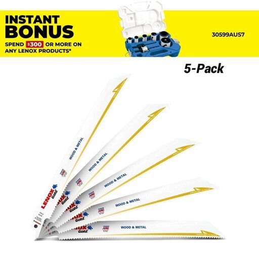 Lenox 21065810GR 5pk 290 x 50 x 25mm 8" 10TPI Gold Power Arc Reciprocating Saw Blade