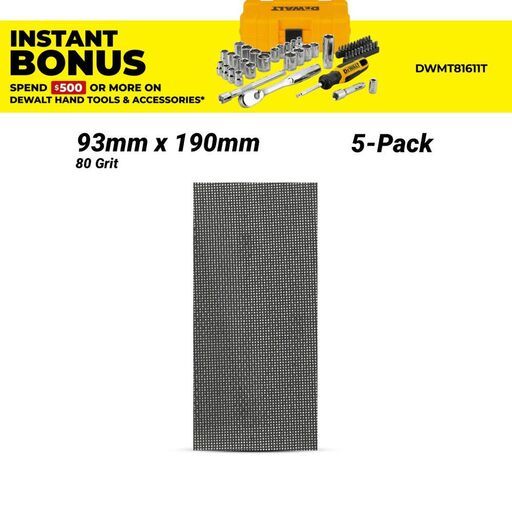 DeWalt DTM8621-QZ 5-Pack 93mm x 190mm 80 Grit Extreme Abrasive Mesh 1/3" Sheet