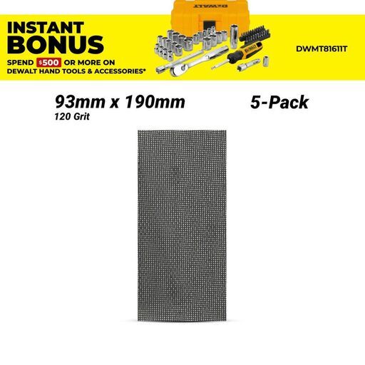 DeWalt DTM8622-QZ 5-Pack 93mm x 190mm 120 Grit Extreme Abrasive Mesh 1/3" Sheet
