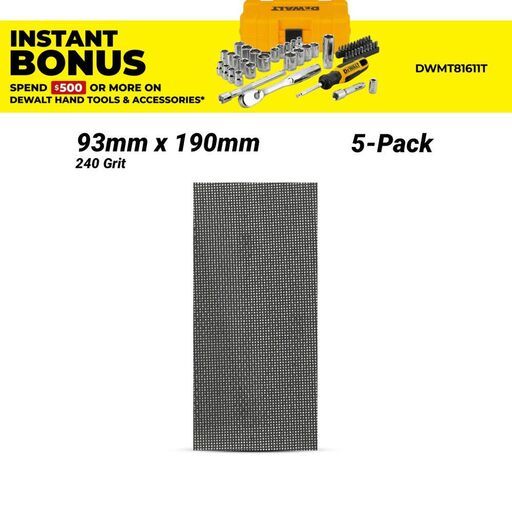 DeWalt DTM8624-QZ 5-Pack 93mm x 190mm 240 Grit Extreme Abrasive Mesh 1/3" Sheet