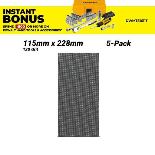 DeWalt DTM8552-QZ 5-Pack 115mm x 228mm 120 Grit Extreme Abrasive Mesh 1/2" Sheet