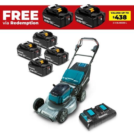 Makita DLM537PT4X 36V (18V x 2) 5.0Ah Li-ion Cordless Brushless 534mm (21") Self-Propelled Lawn Mower Combo Kit