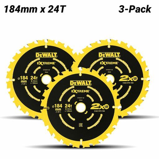 DeWalt DT90261-QZ 3-Pack 184mm x 24T (16/20mm) EXTREME 2x Life Circular Saw Blade – image 2