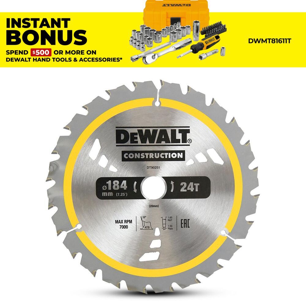 DeWalt DT90251-QZ 184mm (7") 24T Wood Construction Circular Saw Blade – image 1