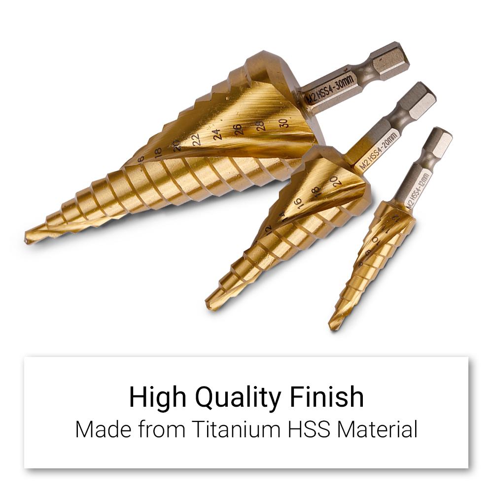 Xtorque XM23HC 3pce Metric M2 HSS Spiral Flute Step Drill Bit Set – image 3