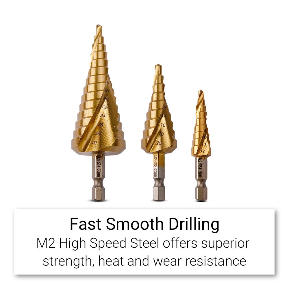 Xtorque XM23HC 3pce Metric M2 HSS Spiral Flute Step Drill Bit Set – image 7