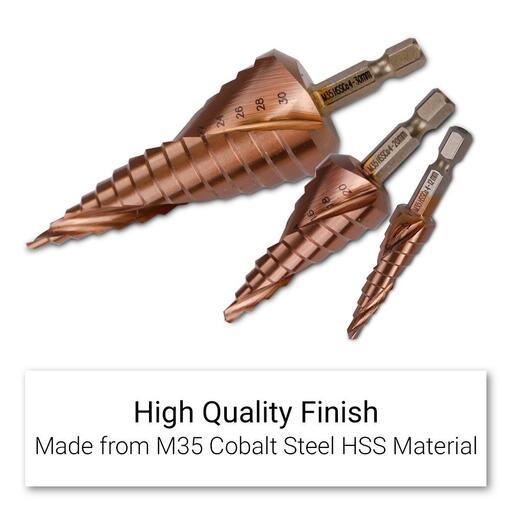 Xtorque XM353HC 3pce Metric M35 Cobalt Steel Spiral Flute Step Drill Bit Set – image 3