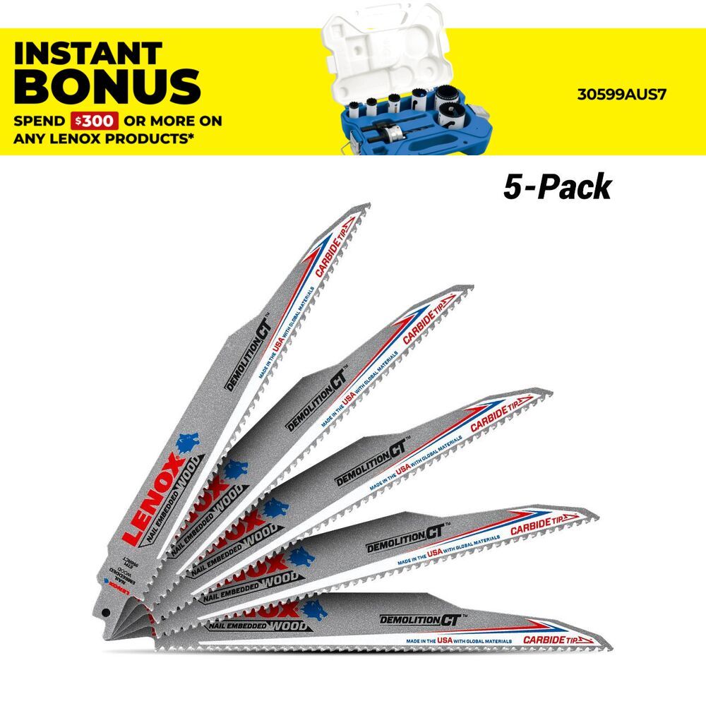 Lenox 1832144 5-Pack 229 x 22 x 1.3mm (9") 6TPI Carbide Tip Demolition CT Reciprocating Saw Blade – image 1