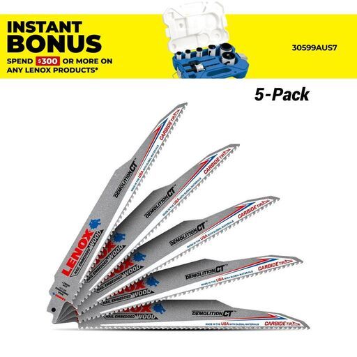 Lenox 1832144 5-Pack 229 x 22 x 1.3mm (9") 6TPI Carbide Tip Demolition CT Reciprocating Saw Blade