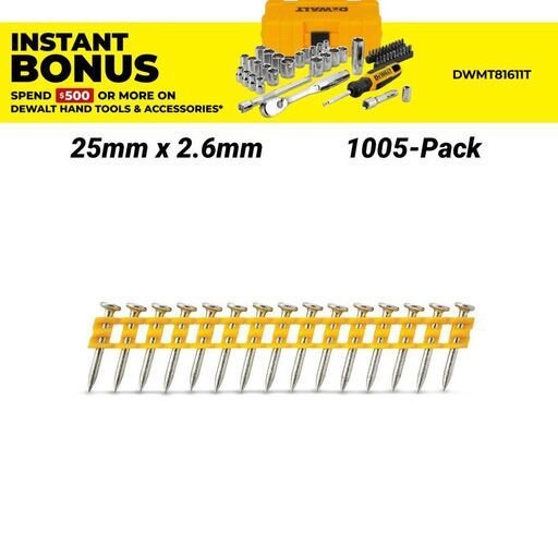 [Temporarily Out Of Stock] DeWalt DCN8901025 1005-Pack 25mm x 2.6mm Concrete Pins Suit DCN890