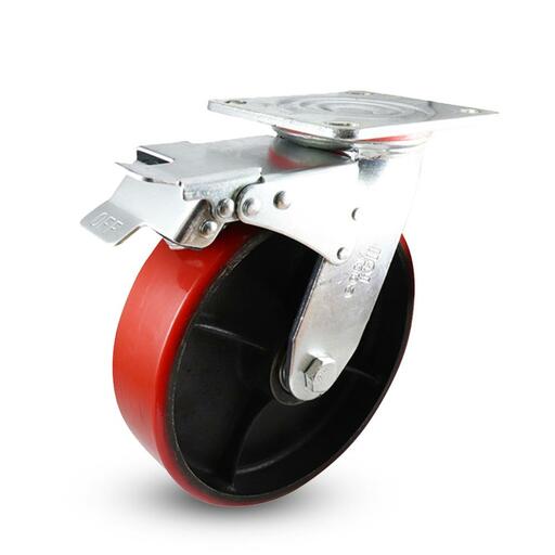 EHI J32TZ85K200 200mm (8") 455kg J3 Series Urethane on Cast Iron Swivel Brake Plate Castor – image 2