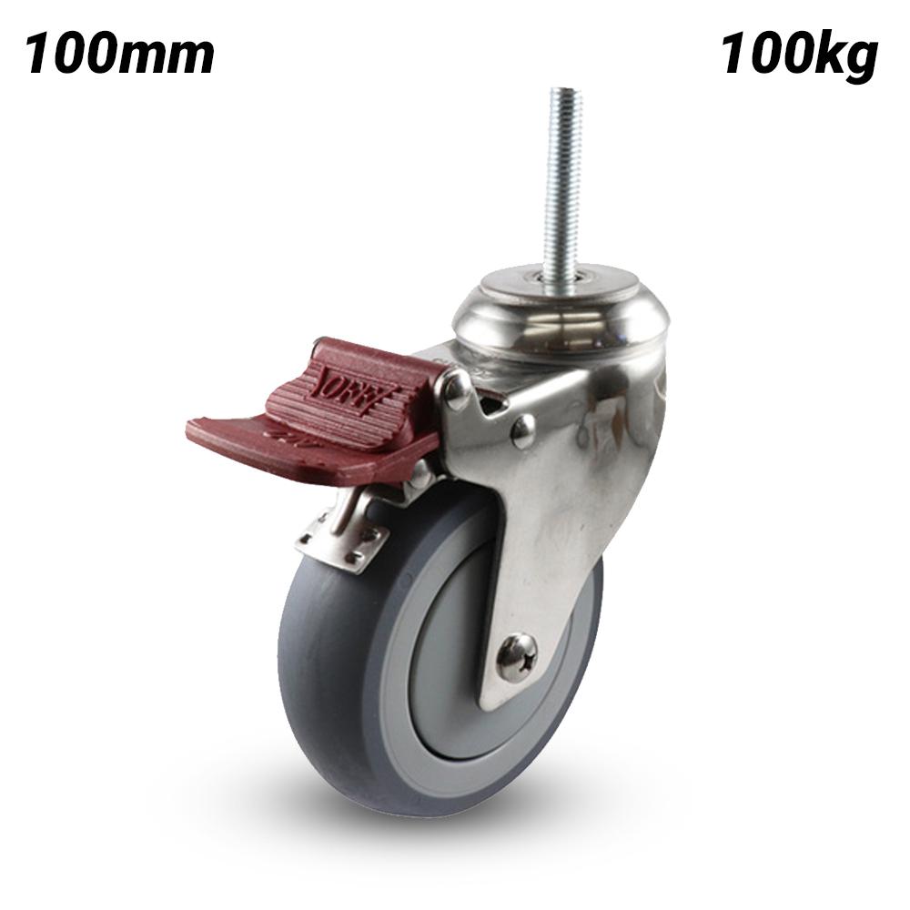 EHI G74TS62K100A 100mm (4") 100kg G7 Series Stainless Steel Rubber Swivel Brake Bolthole Castor – image 1