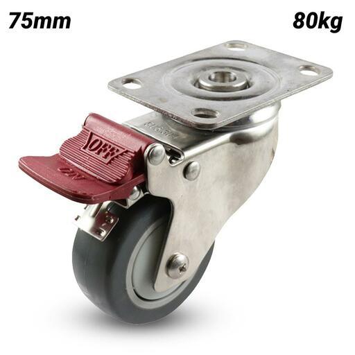 EHI G72TS62K75 75mm (3") 80kg G7 Series Stainless Steel/Rubber Swivel Brake Plate Castor