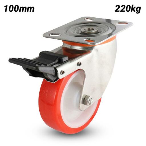 EHI S52TS50R100 100mm (4") 220kg S5 Series Stainless Steel Urethane Swivel Brake Plate Castor