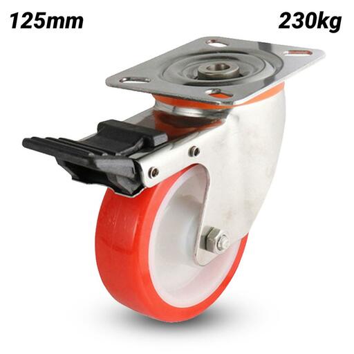 EHI S52TS50R125 125mm (5") 230kg S5 Series Stainless Steel Urethane Swivel Brake Plate Castor