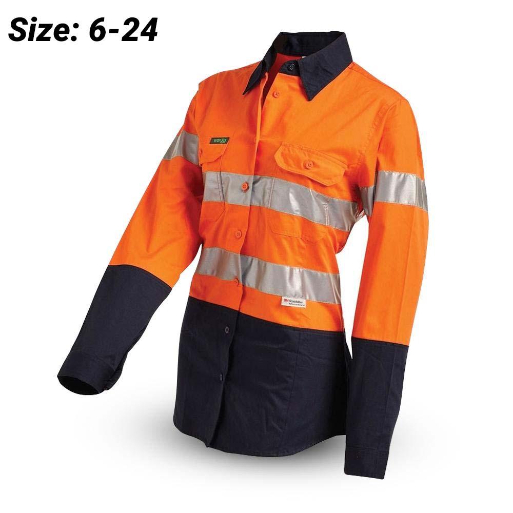 Workit Workwear 2012ON Womens 2-Tone Orange/Navy Hi-Vis Lightweight Taped Shirt – image 1