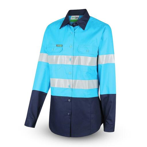 Workit Workwear 2012SN Womens 2-Tone Sky Blue/Navy Hi-Vis Lightweight Taped Shirt – image 2