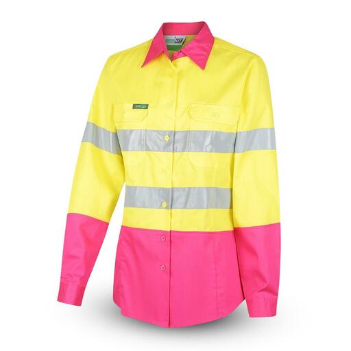 Workit Workwear 2012YP Womens 2-Tone Yellow/Pink Hi-Vis Lightweight Taped Shirt – image 2