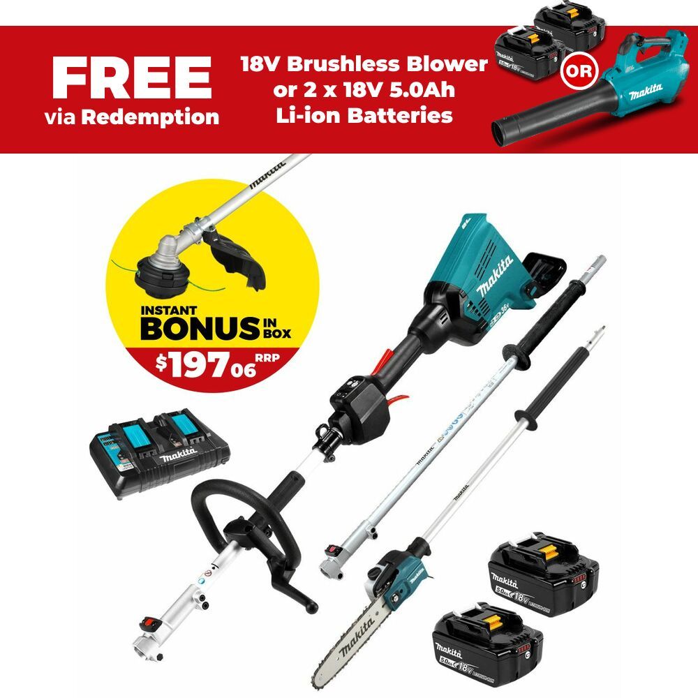 Makita DUX60PSPT2-B 36V (18V x 2) 5.0Ah Li-Ion Cordless Brushless Multi Function Power Head Combo Kit with Attachments